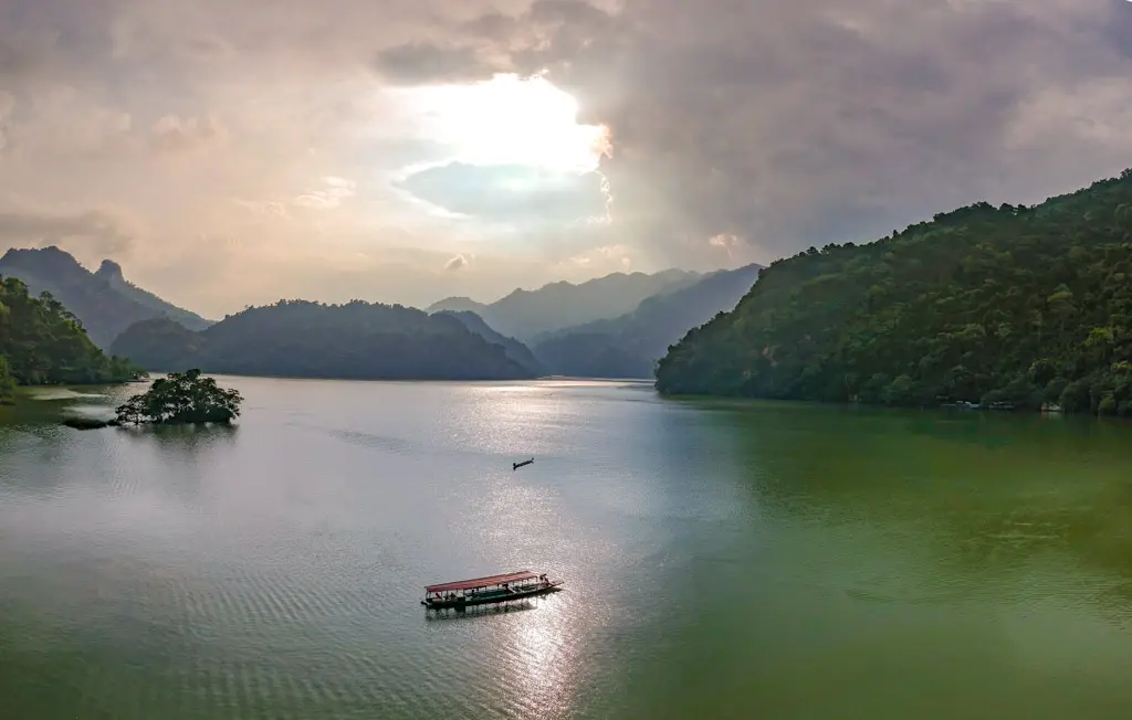 sunset drone shot of ba be lake vietnam